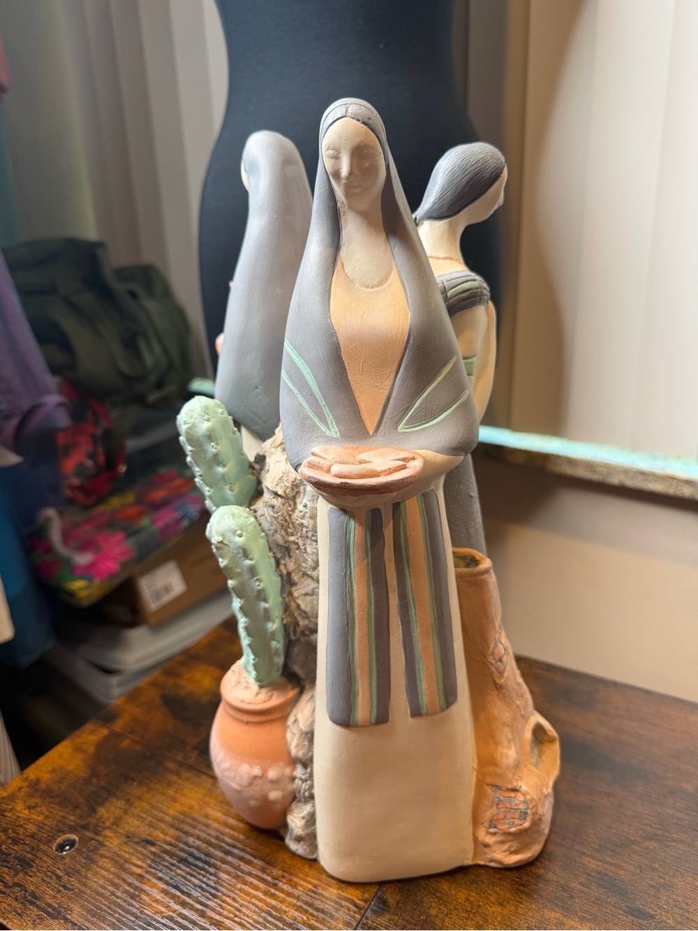 Handcrafted Pottery Trio Desert Woman Offering Sculpture in Earth Tones